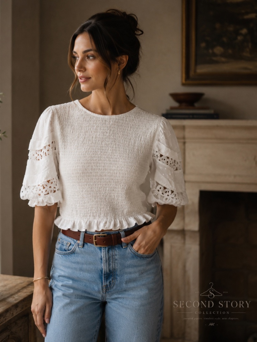 Strut & Bolt Ivory Smocked Crop Top Balloon Sleeves Size Large Cottagecore Boho